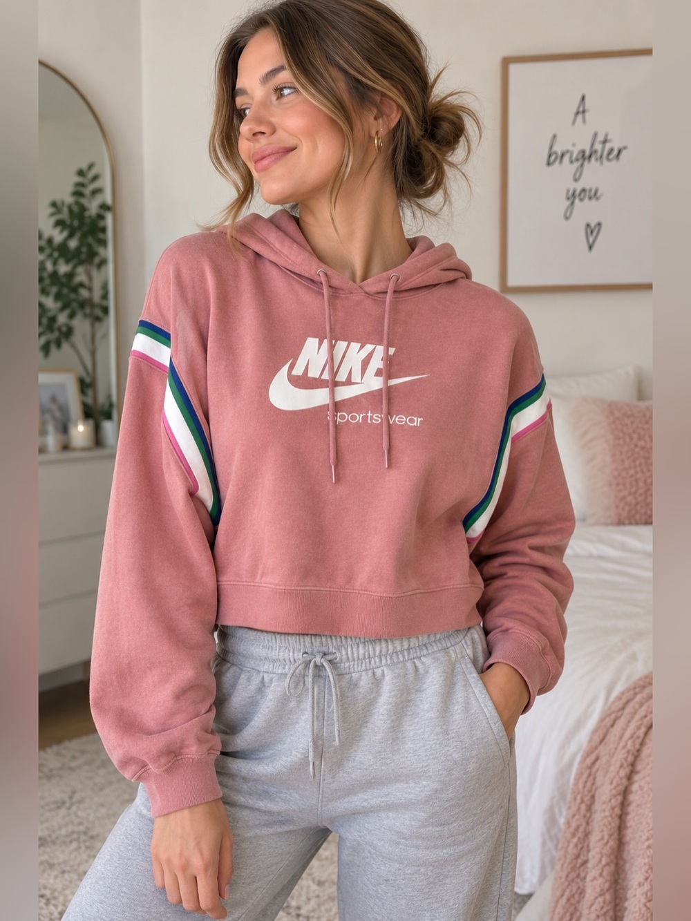 Nike Sportswear Pink Cropped Hoodie Women’s M Rainbow Stripe Sleeve Logo